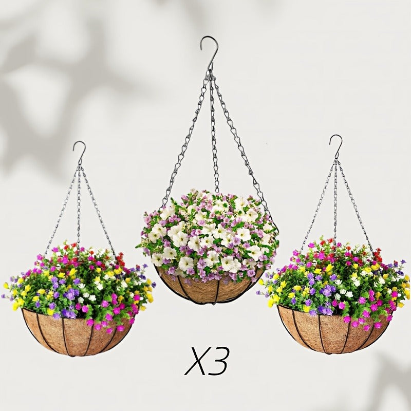 Three-Piece Hanging Flower Basket Set with 10-Inch Coco Liners, Metal Chains and S-Hooks for Porch or Balcony
