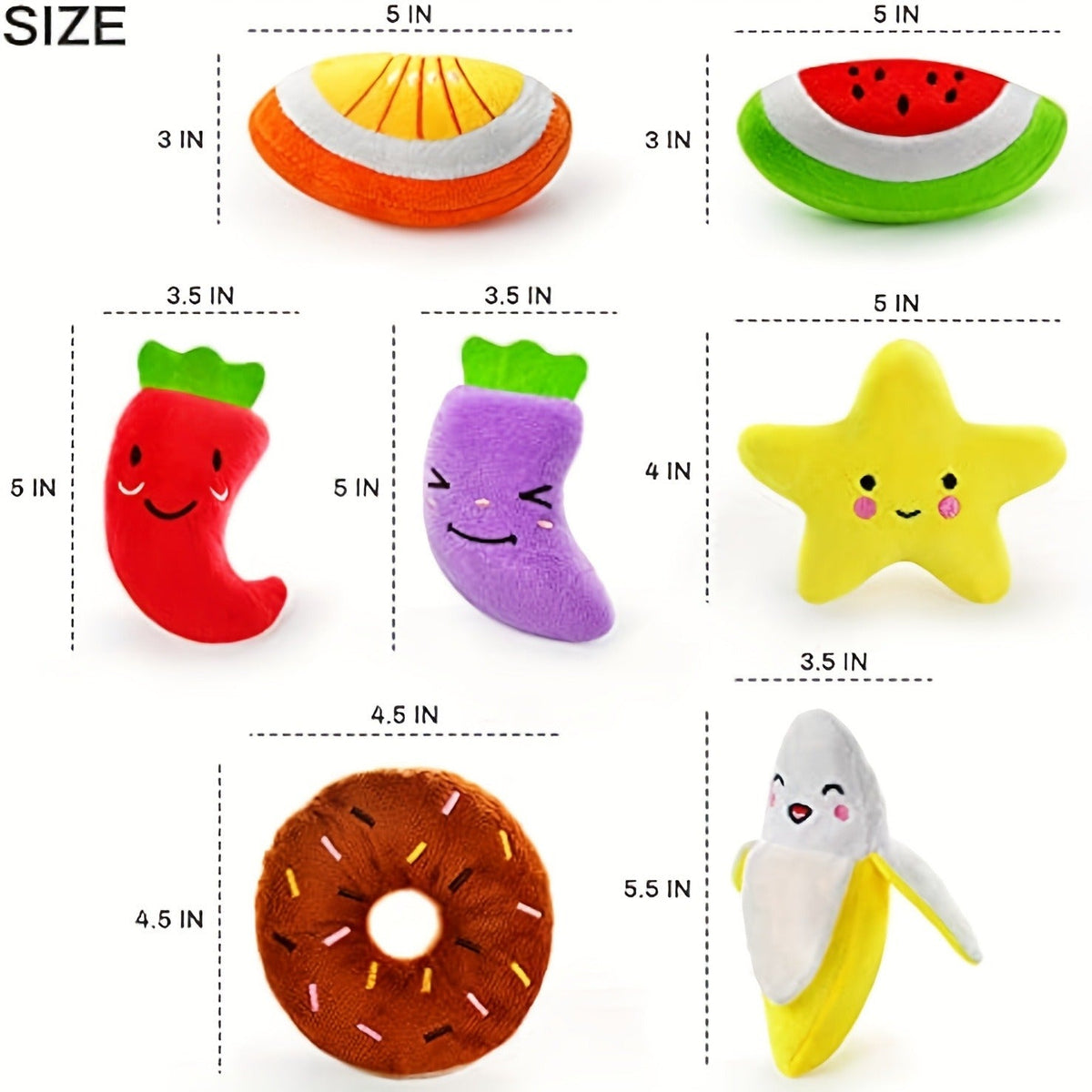 Fourteen-Piece Plush Dog Toy Set with Fruit, Vegetable and Snack Shapes for Supervised Squeaky Play