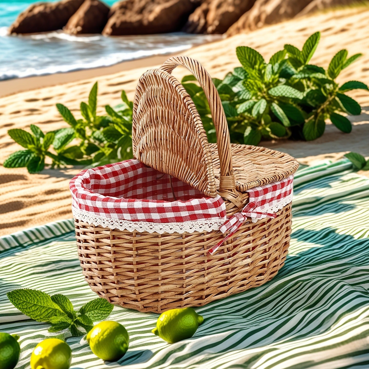 Willow Picnic Hamper Basket with Hinged Lid, Carry Handle and Red Checkered Textile Lining