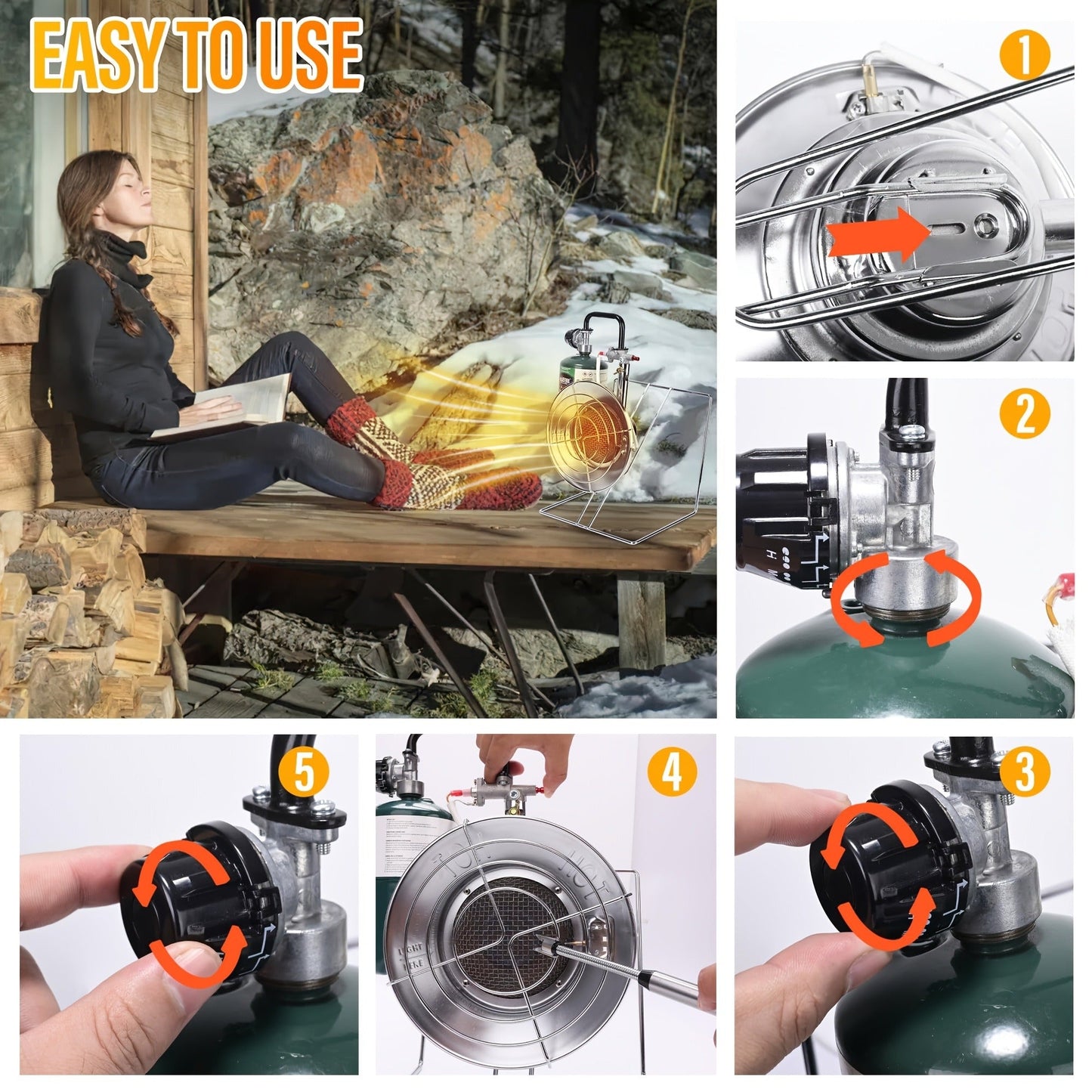 Round Propane Heater with Folding Stand, 8-Foot Hose, Regulator and Piezo Igniter Assembly