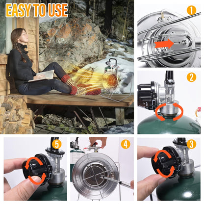 Round Propane Heater with Folding Stand, 8-Foot Hose, Regulator and Piezo Igniter Assembly