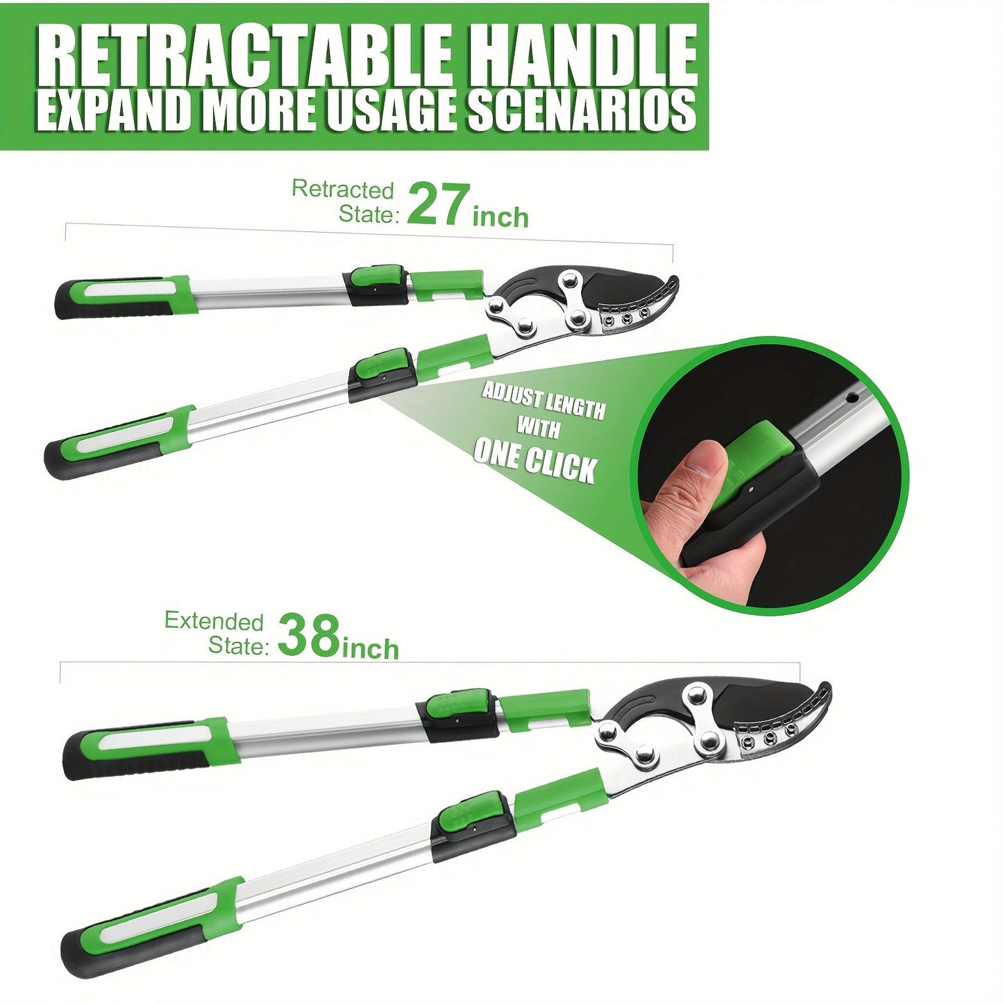 Extendable Manual Pruning Shears with Three Exact Orange and Green Blade-Length Checkout Options