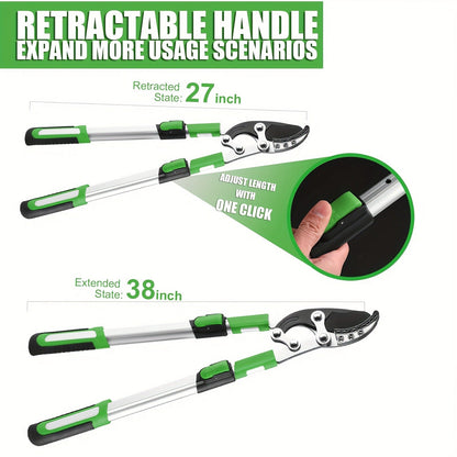 Extendable Manual Pruning Shears with Three Exact Orange and Green Blade-Length Checkout Options