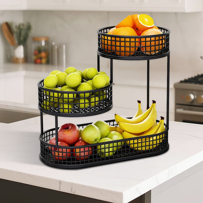 Three-Tier Black Wire Fruit Basket with Staggered Round Bowls and Rectangular Countertop Base