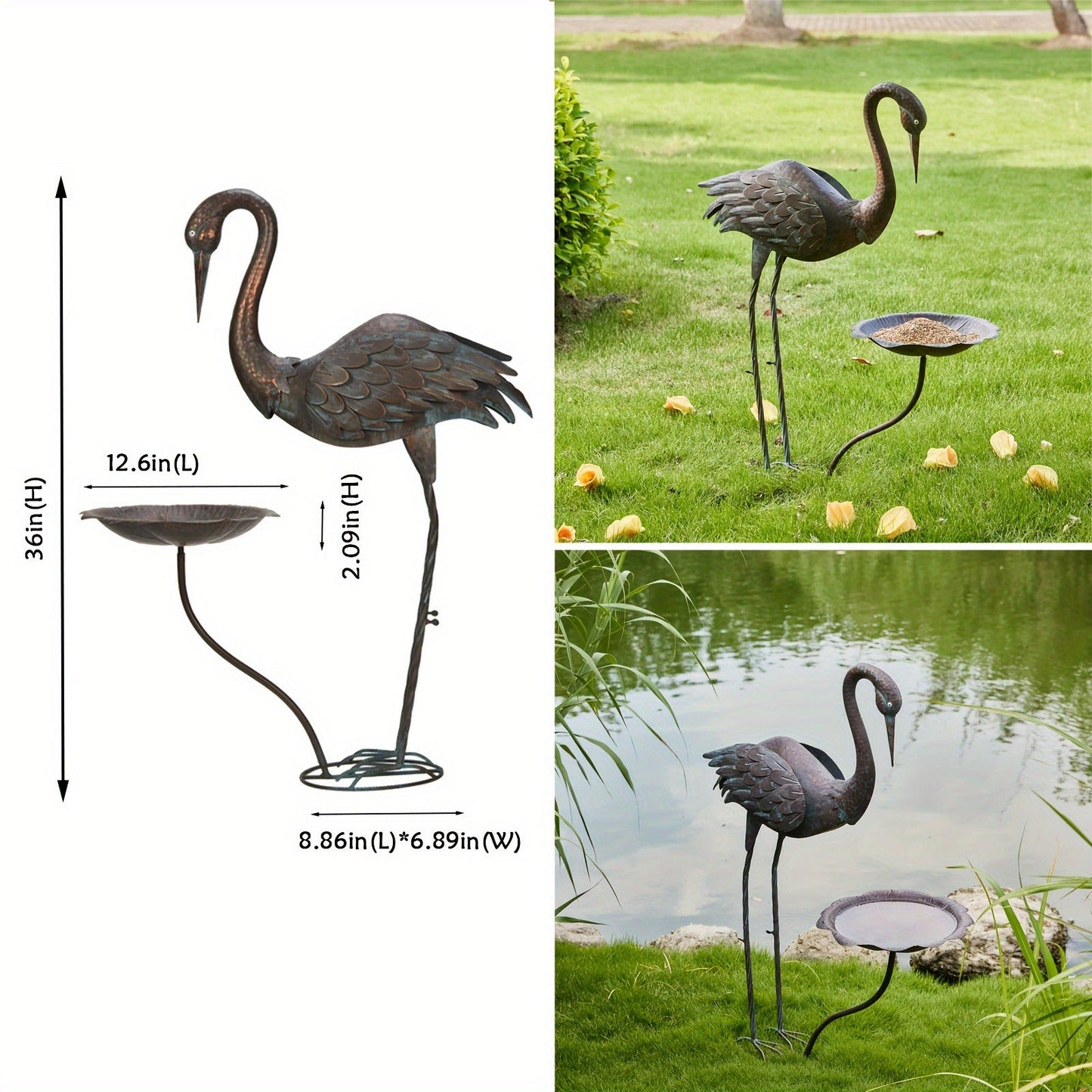 36-Inch Crane Sculpture Bird Bath Set with Separate 12.6-Inch Basin and Garden Stakes for Yard Decor