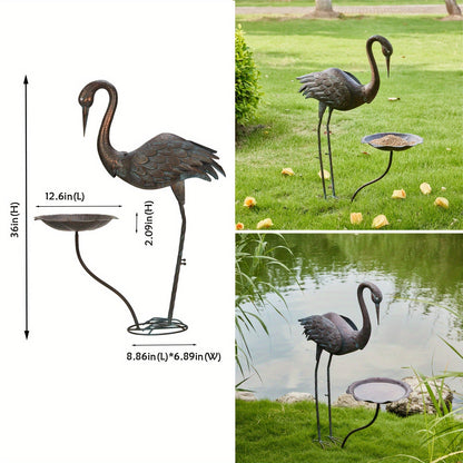 36-Inch Crane Sculpture Bird Bath Set with Separate 12.6-Inch Basin and Garden Stakes for Yard Decor