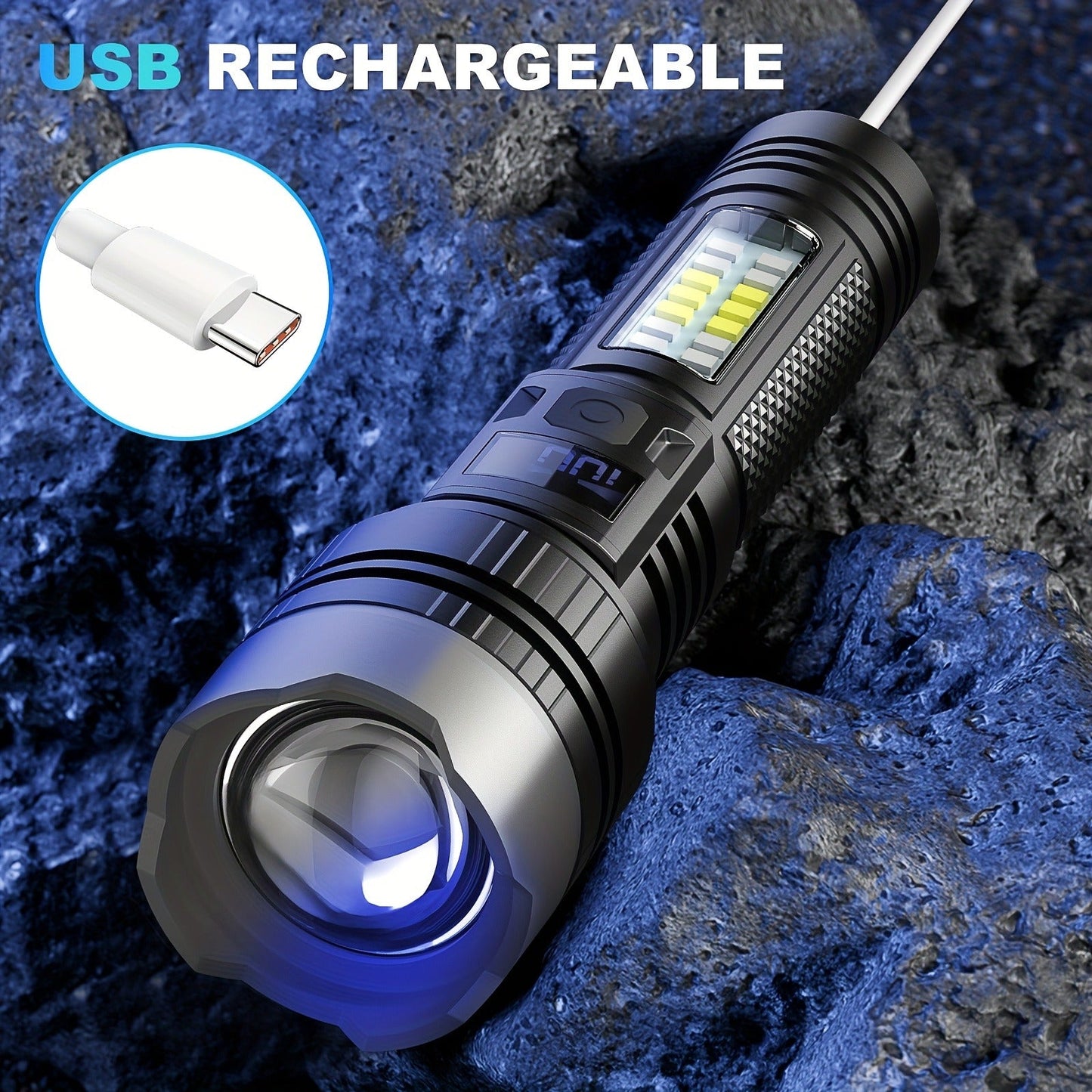 Flashlight 2000-Lumen 2-Pack with Five Modes, COB Side Light, Type-C Charging and Power Display