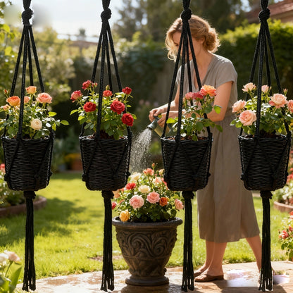 Four-Piece Macrame Plant Hanger Set in White, Black or Natural Rope with Woven Pot Holder Designs