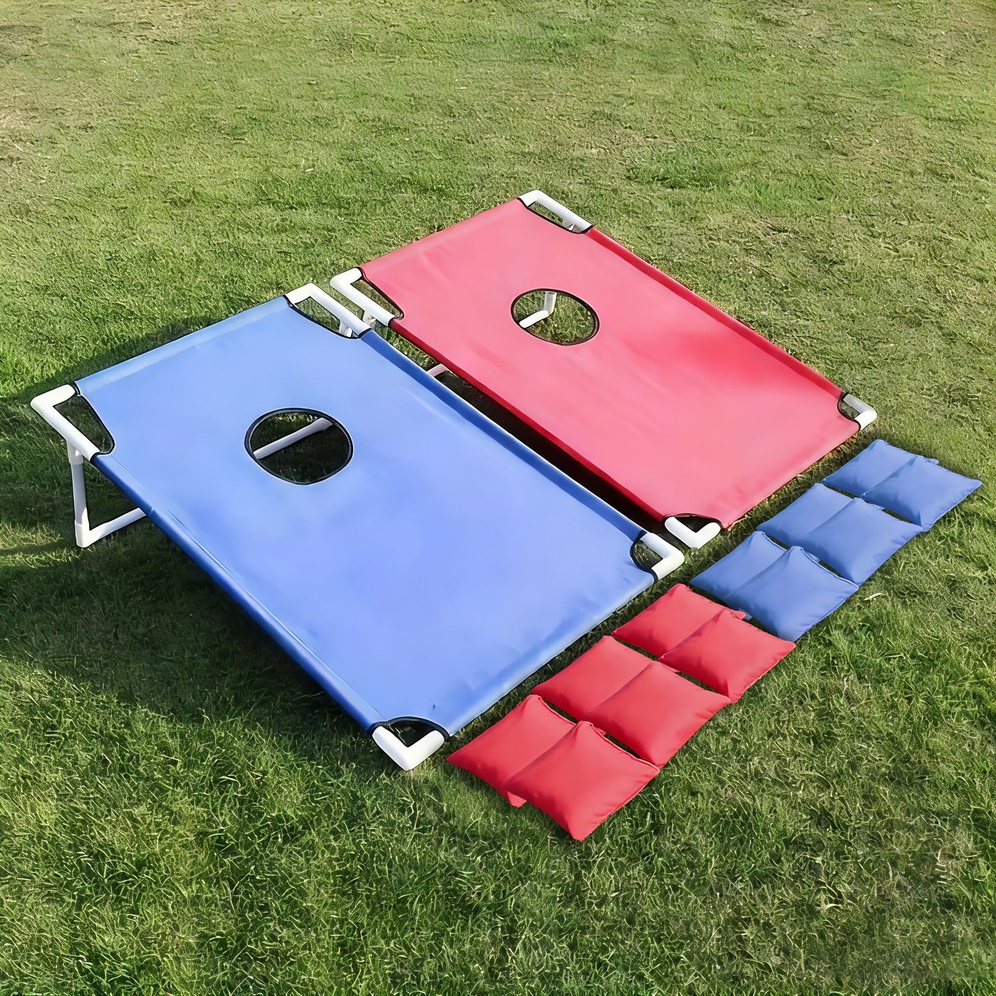 Portable Cornhole Game Set with 12 Bean Bags, Red & Blue Outdoor Toss Game Board for Backyard Camping Family Parties Holiday Gifts