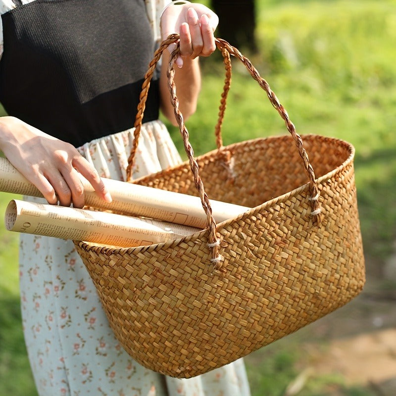 Straw Picnic Basket with Long Handles – Large Hand-Woven Vintage Shopping Basket for Beach, Outdoor Picnics & Rustic Home Decor Storage