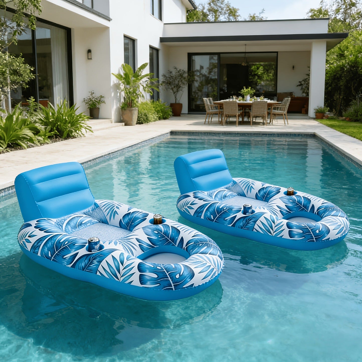 Inflatable Pool Float Set of 2 – 59.1x36.2 Inch Portable Raft with Dual Cup Holders for Pool Beach Lake Outdoor Leisure, Blue & White Seaside Design