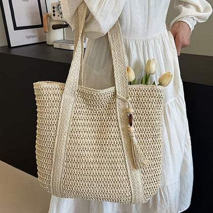 Straw Woven Tote Bag for Women Large Capacity Beach Bag Handwoven Shoulder Bag with Tassel Summer Vacation Travel Shopping Bag