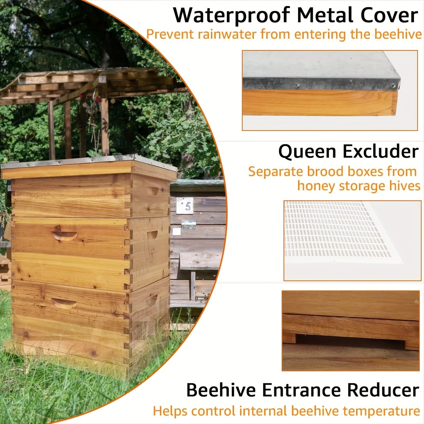 Three-Layer Langstroth-Style Beehive Box Kit with Two Deep Boxes, One Medium Box and Metal-Topped Cover