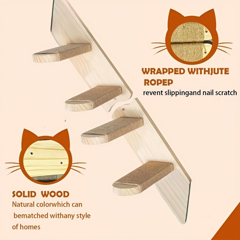 Four-Step Wall-Mounted Cat Ladder with 45.5cm Wood Frame, Rope-Covered Treads and Fastener Points