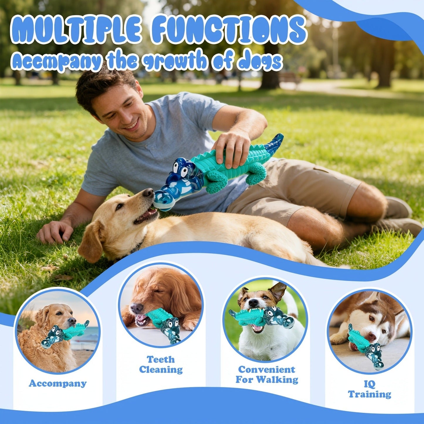 Dog Toy Blue Rubber Crocodile Chew Design with Milk Flavor, Raised Ridges and 20-100 lb Guidance