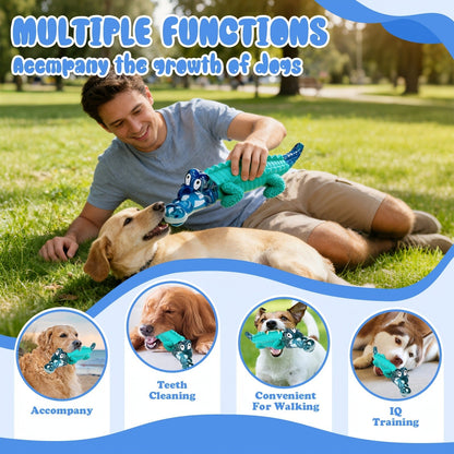 Dog Toy Blue Rubber Crocodile Chew Design with Milk Flavor, Raised Ridges and 20-100 lb Guidance
