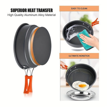 Camping Cookware Set, Aluminum Pot, Frying Pan and Kettle Kit with Folding Handles, Cutlery and Carry Bag