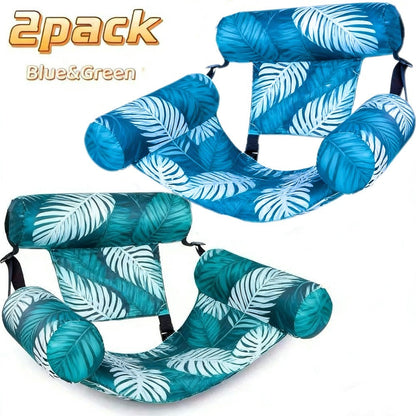Two-Piece Leaf Print Inflatable Pool Lounge Chair Set with Backrests, Armrests and Open Seat Panels