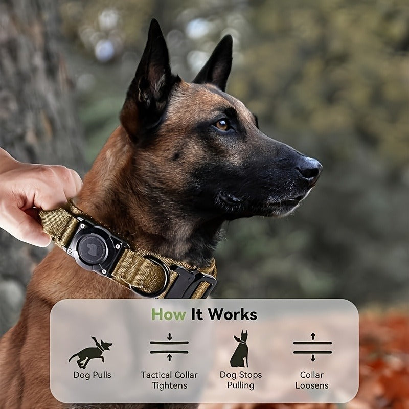 Tactical Dog Collar with Handle and Round Tracker Holder Case in Nine Colors and Sizes M to XL