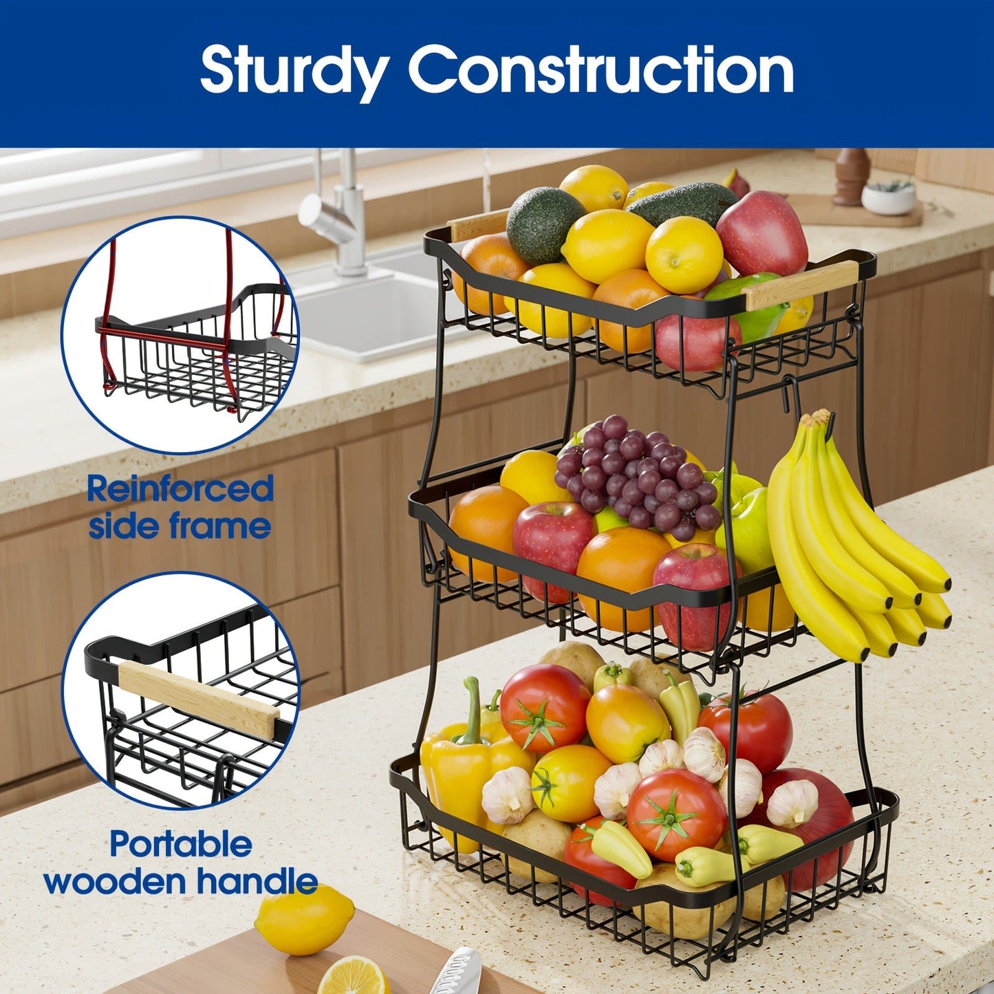 Fruit Basket with Banana Hook, 2 & 3 Tier Metal Stand, Removable Tiers, Wooden Handle, Kitchen Countertop Organizer for Fruits, Vegetables & Bread