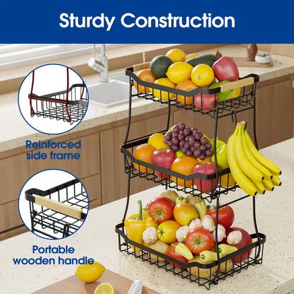 Fruit Basket with Banana Hook, 2 & 3 Tier Metal Stand, Removable Tiers, Wooden Handle, Kitchen Countertop Organizer for Fruits, Vegetables & Bread