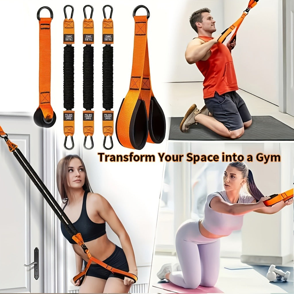 Orange Five-Piece Door-Anchor Resistance Band Set with Three Tubes, Door Anchor and Pictured Handles
