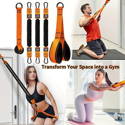 Orange Five-Piece Door-Anchor Resistance Band Set with Three Tubes, Door Anchor and Pictured Handles