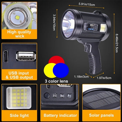 Flashlight IPX4 Solar and USB Rechargeable Searchlight with Six Modes and Three Color Filters