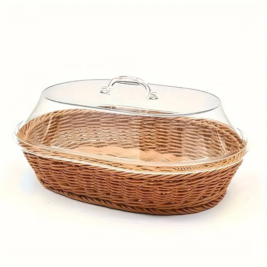 Wicker Bread Basket with Clear Acrylic Lid Rattan Storage Basket Washable Food Tray for Bread Fruit Desserts Kitchen Picnic Home Display Square Round