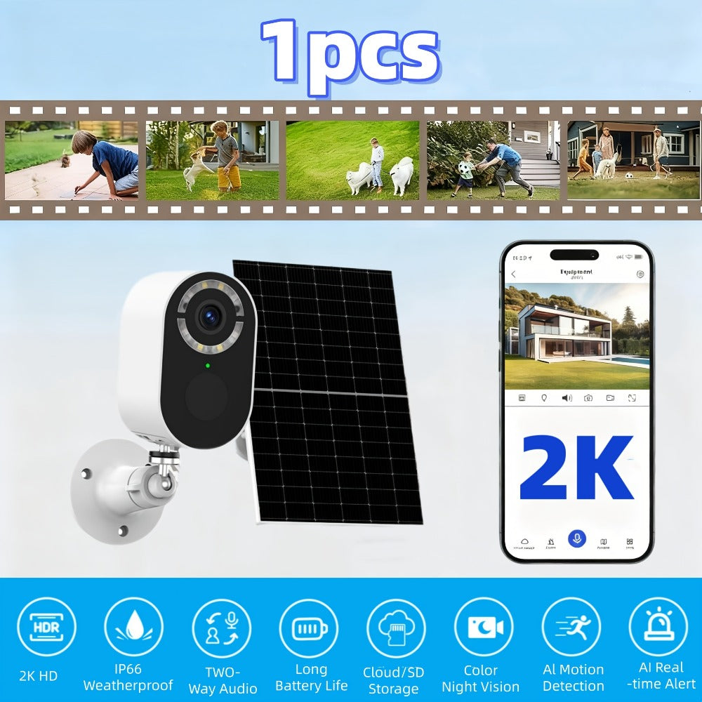 Security Camera 2K Solar Outdoor Model with Color Night Vision, Two-Way Audio, Human-Figure Alarm and Four Bundles