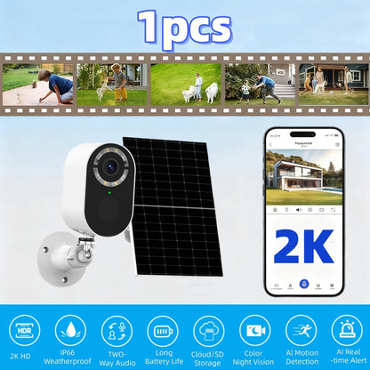 Security Camera 2K Solar Outdoor Model with Color Night Vision, Two-Way Audio, Human-Figure Alarm and Four Bundles