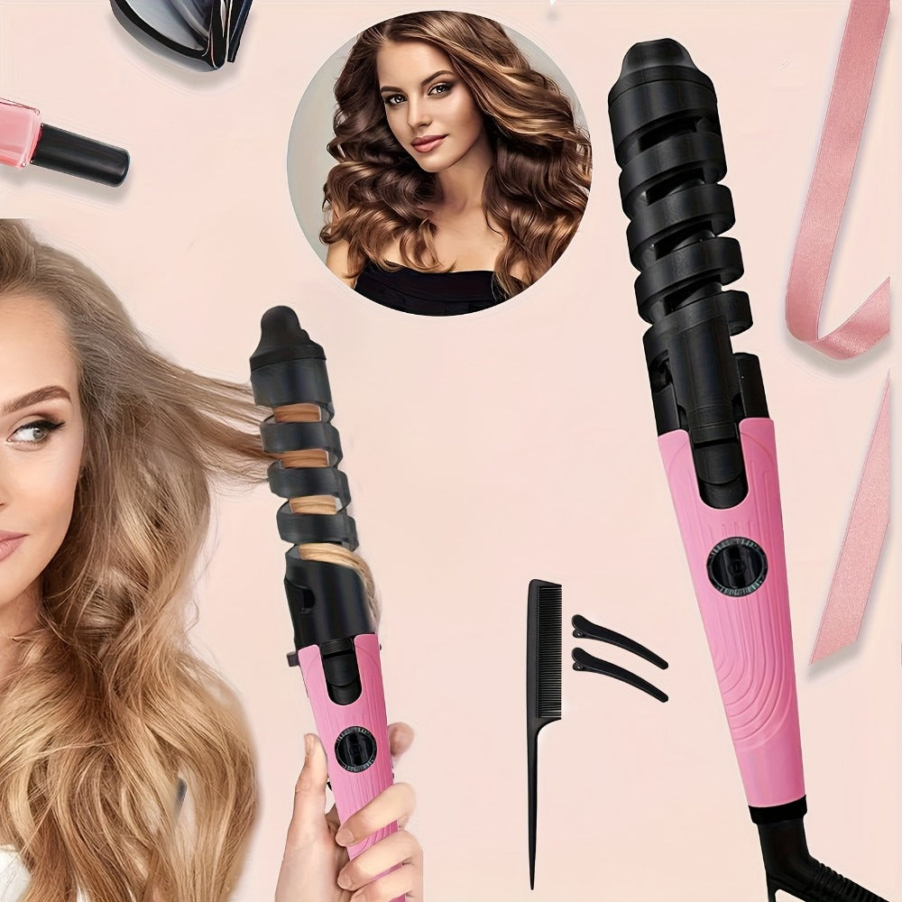 Automatic Spiral Curling Iron Ceramic Anti-Tangle – Professional Auto Curler One-Button Easy Operate Hair Styling Tool with Comb & 2 Clips for All Hair Types – Blue, Pink
