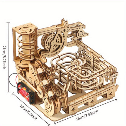Wooden Marble Track Model Kit with Dual-Linkage A or B Builds, Laser-Cut Panels, Gears and Ball Rails