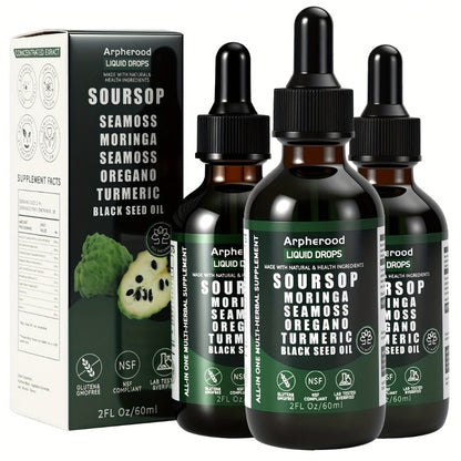 Soursop Graviola Liquid Drops 2 Fl Oz – Leaf & Fruit Blend with Sea Moss, Elderberry & Black Seed Oil | High-Potency Oral Drops for Immune Support, Digestive Health & Liver Wellness | Glass Bottle | Pack of 1, 2 or 3