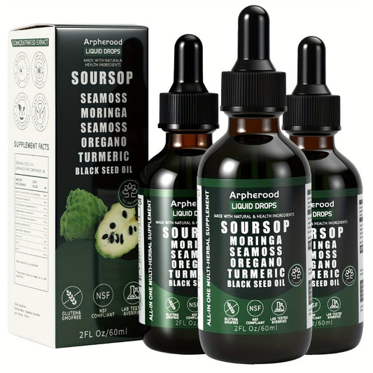 Soursop Graviola Liquid Drops 2 Fl Oz – Leaf & Fruit Blend with Sea Moss, Elderberry & Black Seed Oil | High-Potency Oral Drops for Immune Support, Digestive Health & Liver Wellness | Glass Bottle | Pack of 1, 2 or 3