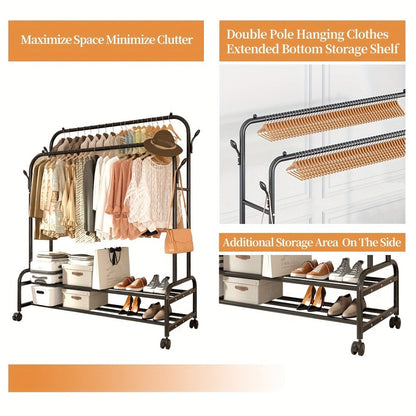 Heavy Duty Metal Clothing Rack Double Rod with Wheels Shelves and Hooks Freestanding Garment Rack 300LB Capacity Closet Organizer for Bedroom Laundry Room