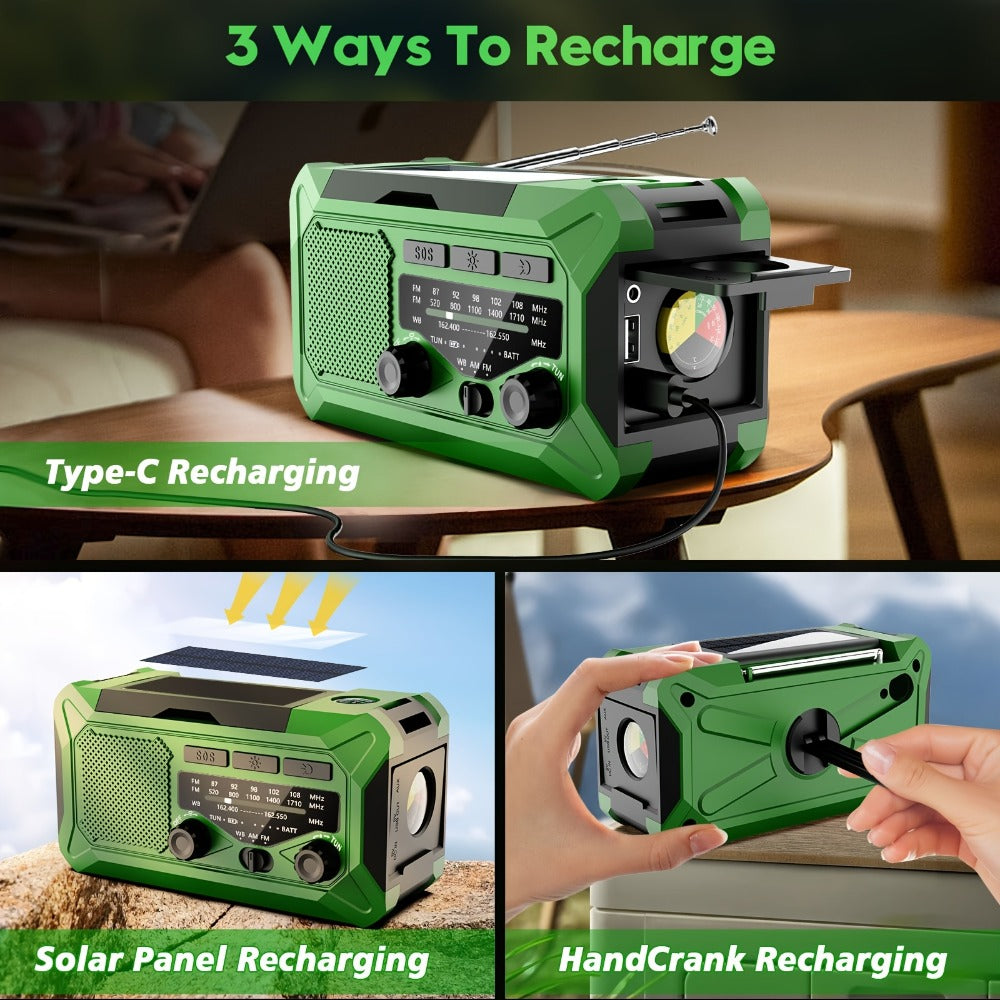 10000mAh AM/FM Emergency Radio with Solar Panel, Hand Crank, Reading Light and Yellow or Green Case