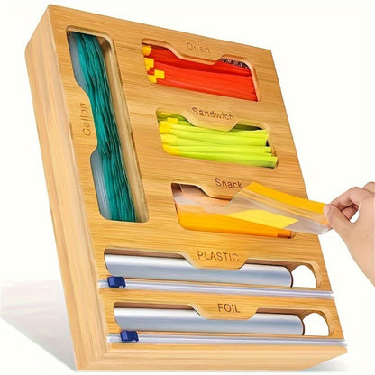 Foil and Bag Dispenser Kitchen Organizer 6-in-1 Bamboo Drawer Box with Built-In Cutter for Home Storage