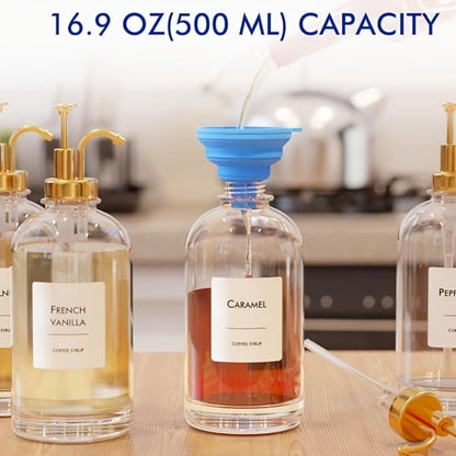 Four-Piece 16.9-Ounce Glass Coffee Syrup Dispenser Set in Gold, Silver or Black Pump Options