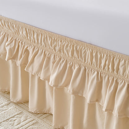 Double Ruffle Bed Skirt 16" Drop | Elastic Wrap Around Dust Ruffle for Twin Full Queen King Bed | Easy Install Machine Washable Soft Linen Poly Blend Bedskirt