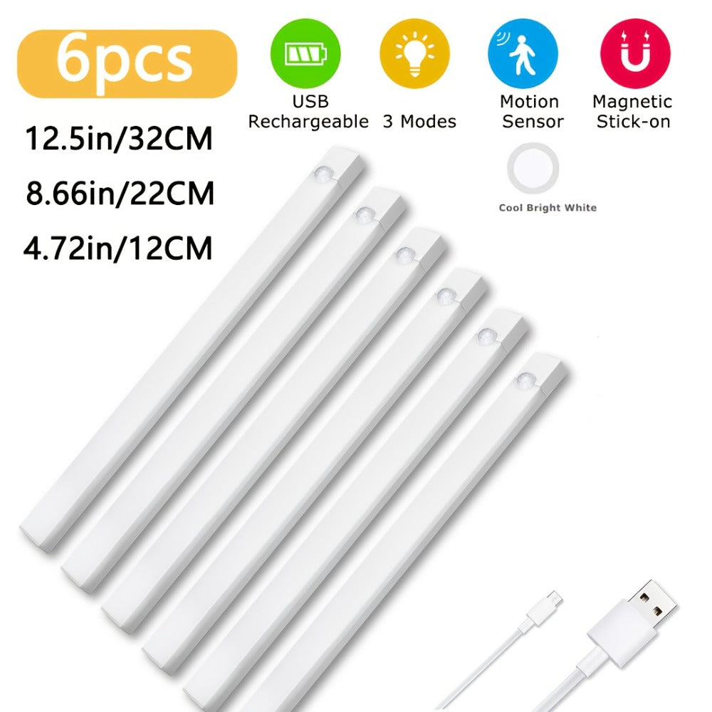 Six-Pack 12 cm Motion Sensor Cabinet Lights with USB Rechargeable Power, Magnetic Mounting and Three Modes
