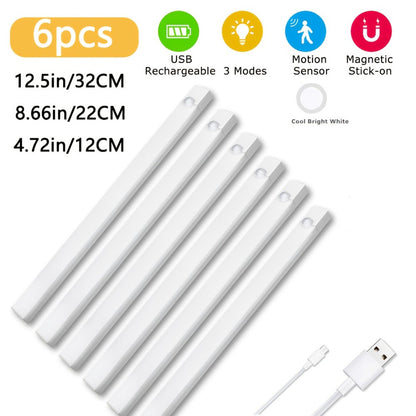 Six-Pack 12 cm Motion Sensor Cabinet Lights with USB Rechargeable Power, Magnetic Mounting and Three Modes