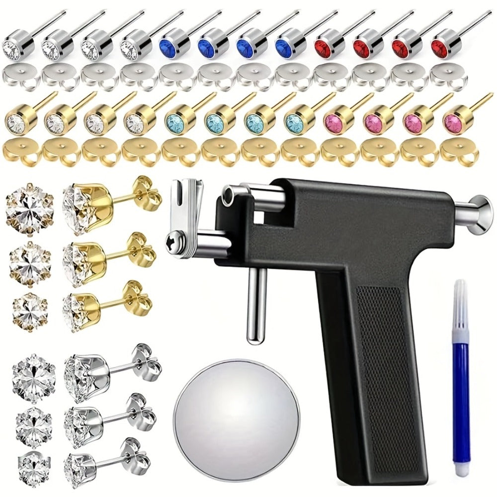 Ear Piercing Gun Kit 37pcs Professional Set — 24 Stainless Steel Earrings, 12 Crown Earrings, Safe One-Click DIY Ear Piercing Tool for Women, Girls & Teens at Home or Salon