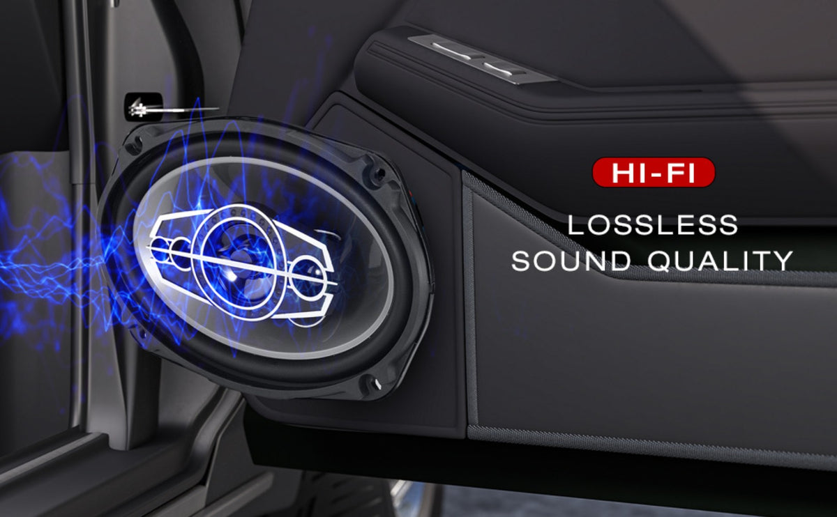 Pair of 6 x 9 Inch Five-Way Coaxial Car Speakers Labeled 1000W Peak, 120W RMS and 4 Ohms with Grilles