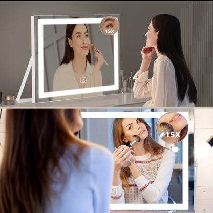 Rotating LED Vanity Mirror with 15X Magnifier, Three Light Colors and 14 x 17 Inch Framed Design