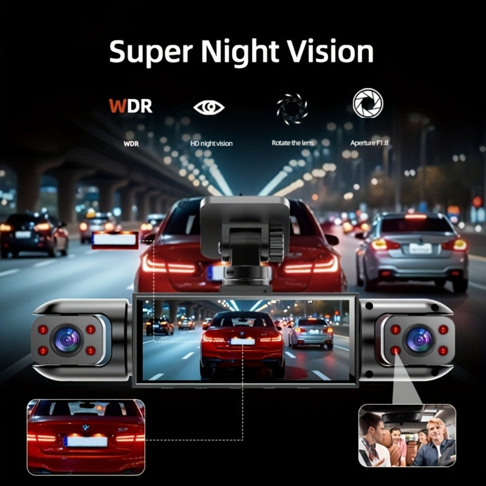 360° Panoramic Dash Cam 3 & 4 Lens 1080P HD Front + 720P Rear Left Right, Quad-Split Screen, HD Night Vision WDR G-Sensor Loop Recording, Full Coverage Car Camera, 32GB/64GB SD Card Options