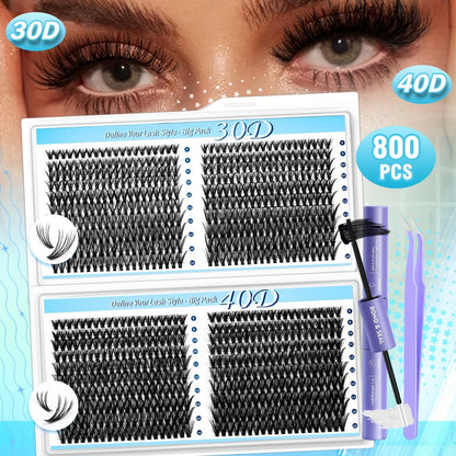 800-Piece 30D and 40D Lash Cluster Kit with Mixed 8–16mm Lengths, Bond-Seal Tube and Tweezers