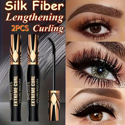 Waterproof Mascara Set 2Pcs Lengthening Volumizing Thick Curly Lashes Natural Extension Long-Lasting Smudge-Proof Crown Mascara for Women All-Day Wear