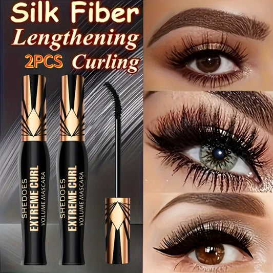 Waterproof Mascara Set 2Pcs Lengthening Volumizing Thick Curly Lashes Natural Extension Long-Lasting Smudge-Proof Crown Mascara for Women All-Day Wear