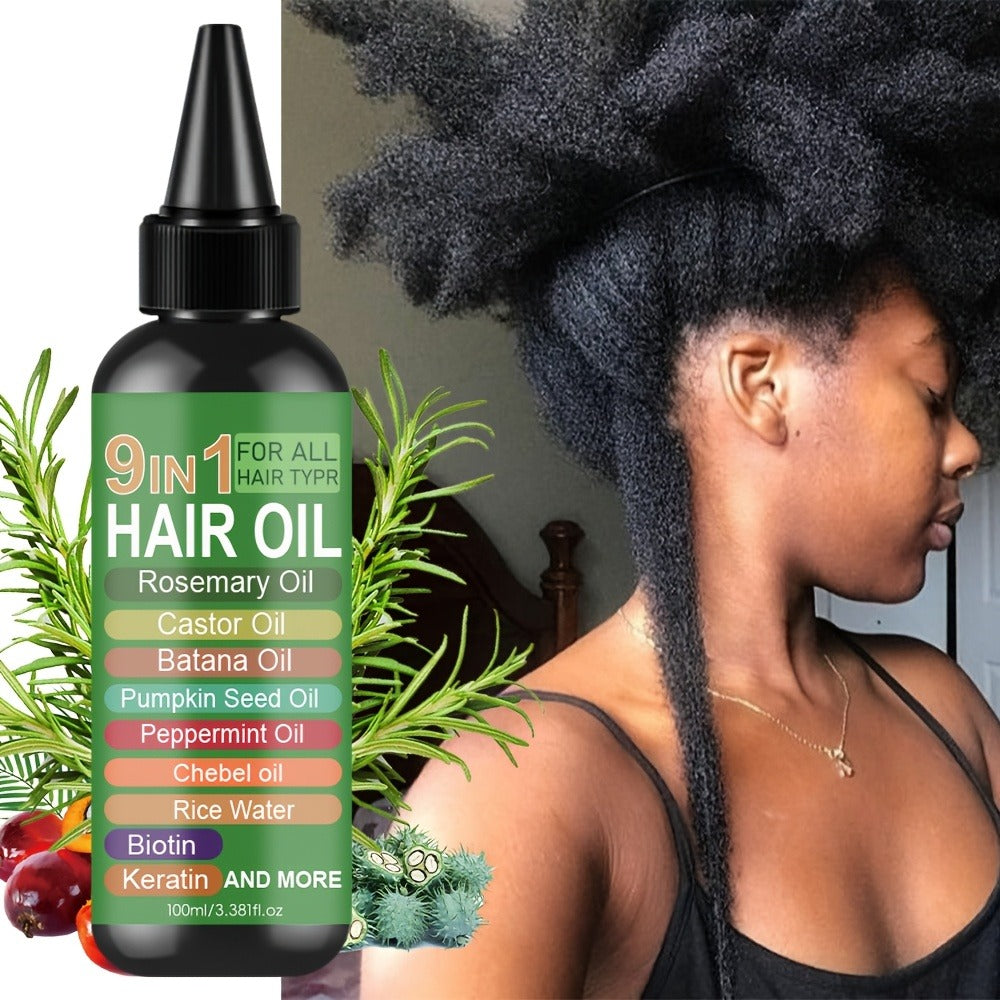 Rosemary 9-in-1 Hair and Scalp Oil, 100ml Nozzle Bottle with Rice Water, Batana, Castor and Biotin Labels